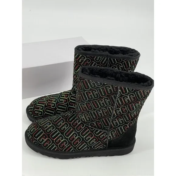 Ugg Boots Women Size 6 Black Rainbow Stitch Classic II Short Suede New