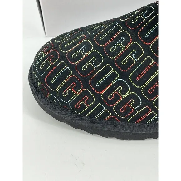 Ugg Boots Women Size 6 Black Rainbow Stitch Classic II Short Suede New