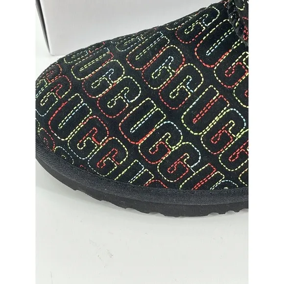 Ugg Boots Women Size 6 Black Rainbow Stitch Classic II Short Suede New