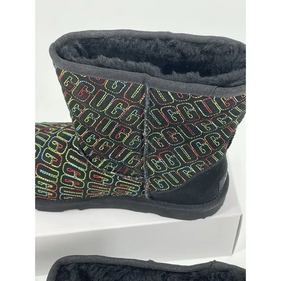Ugg Boots Women Size 6 Black Rainbow Stitch Classic II Short Suede New