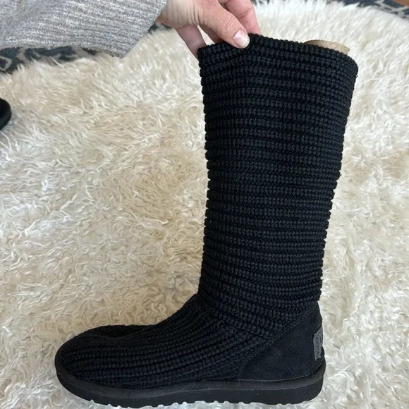 Ugg Cardy Black Knit Suede Leather Tall Boots Sz 6 Women’s 4(Big Girl)
