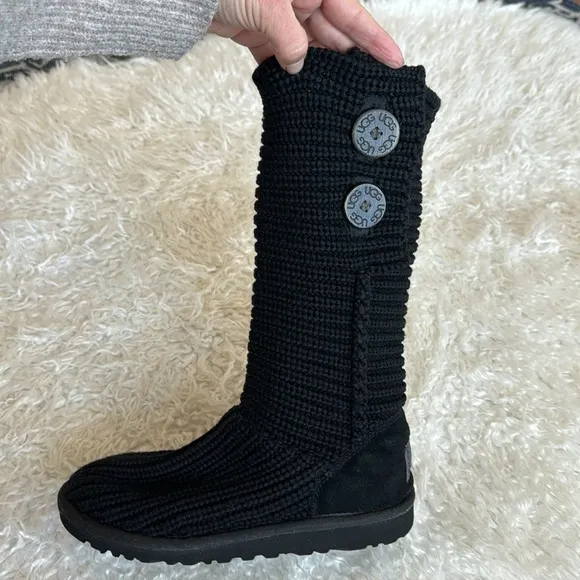 Ugg Cardy Black Knit Suede Leather Tall Boots Sz 6 Women’s 4(Big Girl)