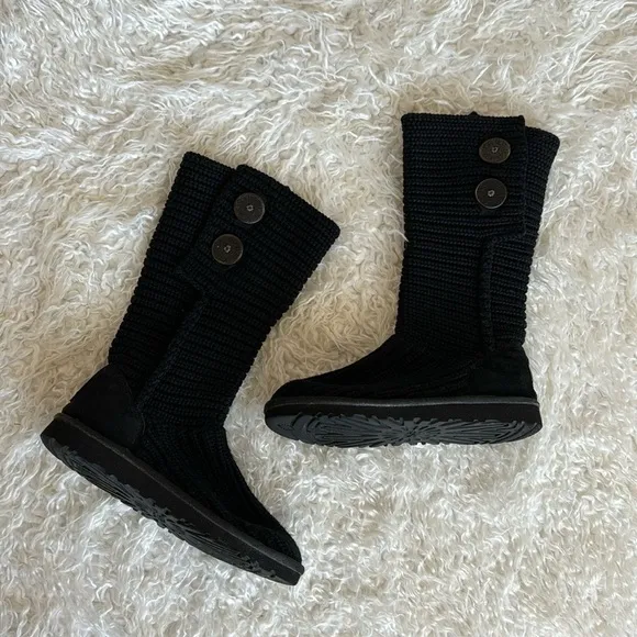 Ugg Cardy Black Knit Suede Leather Tall Boots Sz 6 Women’s 4(Big Girl)