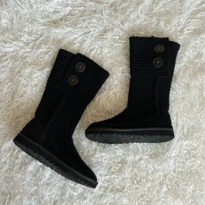 Ugg Cardy Black Knit Suede Leather Tall Boots Sz 6 Women’s 4(Big Girl)