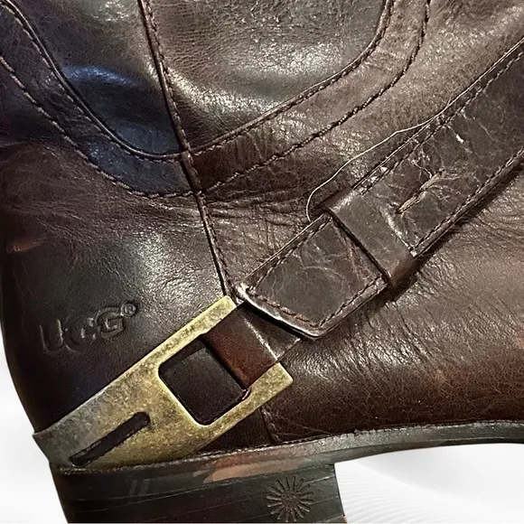 Ugg Channing II  Riding Boot Leather Brown Equestrian Tall Silver Heel Strap 7.5
