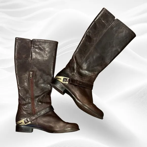 Ugg Channing II  Riding Boot Leather Brown Equestrian Tall Silver Heel Strap 7.5