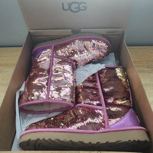 UGG Classic Pink Short Sequin Boots Womens Sz 10 | NEW w/ Box