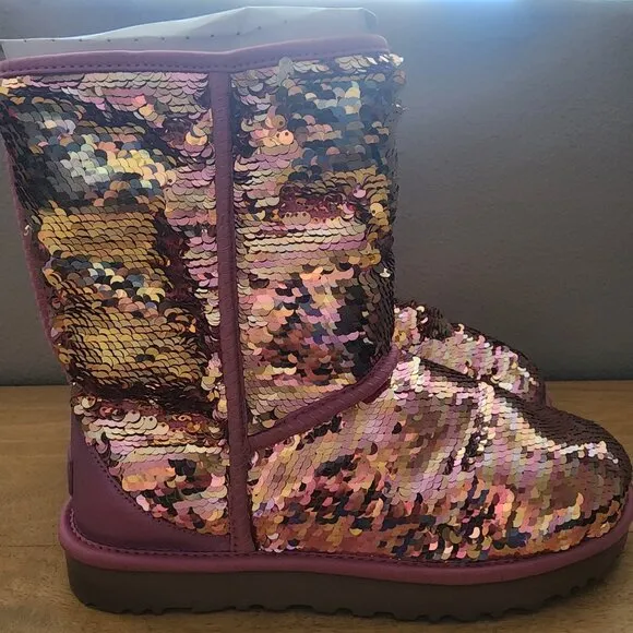 UGG Classic Pink Short Sequin Boots Womens Sz 10 | NEW w/ Box