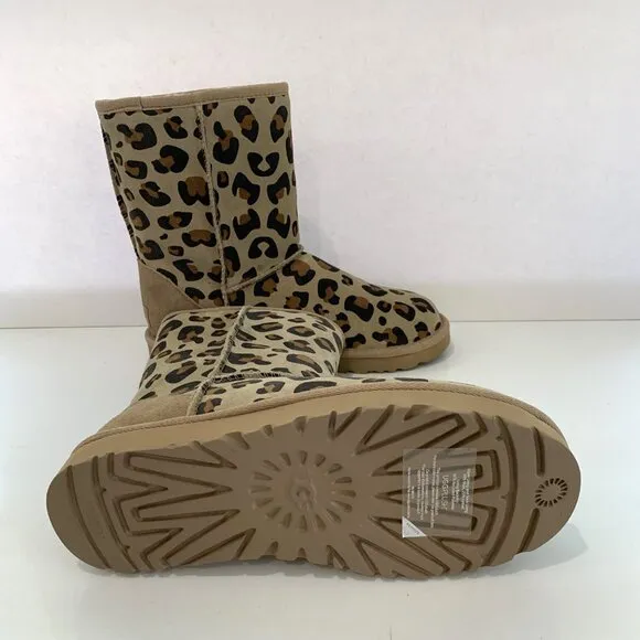 UGG Classic Short II Booties Leopard Print Suede Beige Boots Size 7 NEW