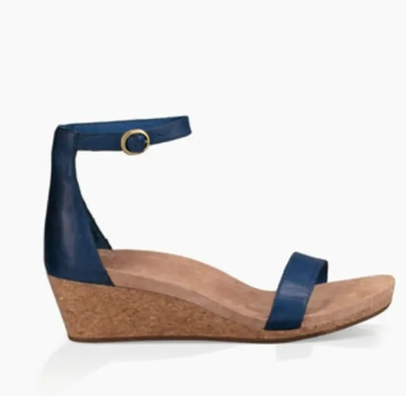 Ugg Emilla  Leather Tan and Blue Wedge Sandals with Cork Sole