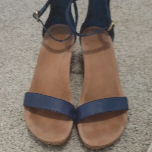 Ugg Emilla  Leather Tan and Blue Wedge Sandals with Cork Sole