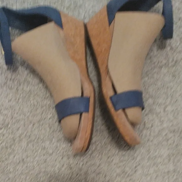 Ugg Emilla  Leather Tan and Blue Wedge Sandals with Cork Sole