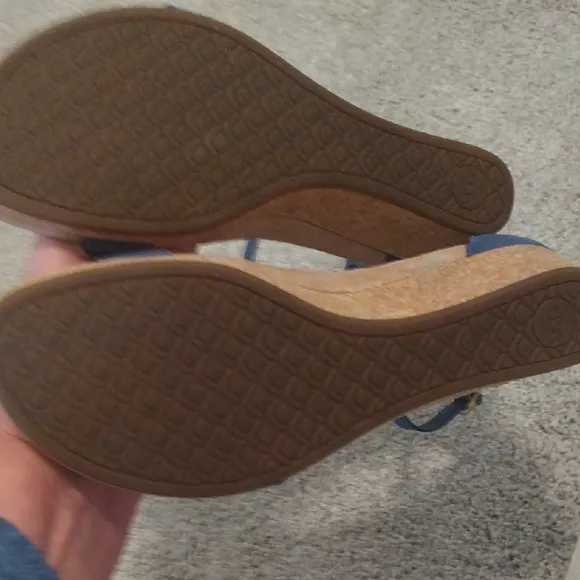 Ugg Emilla  Leather Tan and Blue Wedge Sandals with Cork Sole