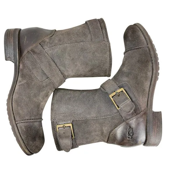UGG Lancing Gray Suede Cap Toe Moto Biker Buckle Pull On Ankle Boots Mens Size 7