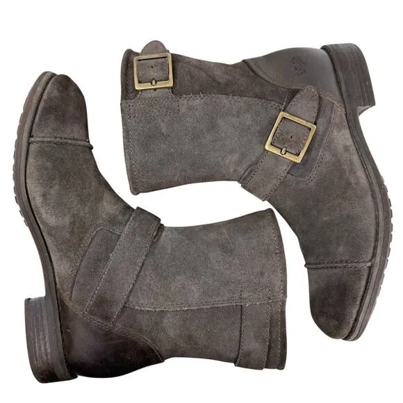 UGG Lancing Gray Suede Cap Toe Moto Biker Buckle Pull On Ankle Boots Mens Size 7