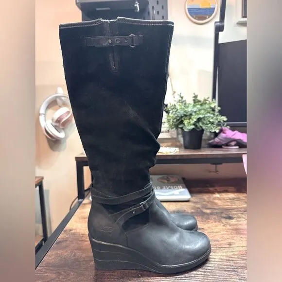 UGG Lesley Tall Leather Wedge Boots. Black Size 6