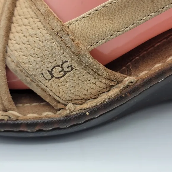 UGG Mayley Beige/Tan Leather Slingback Wedge Sandals Women Size 7 #1393