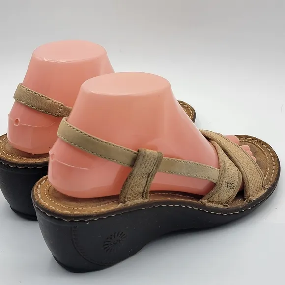 UGG Mayley Beige/Tan Leather Slingback Wedge Sandals Women Size 7 #1393