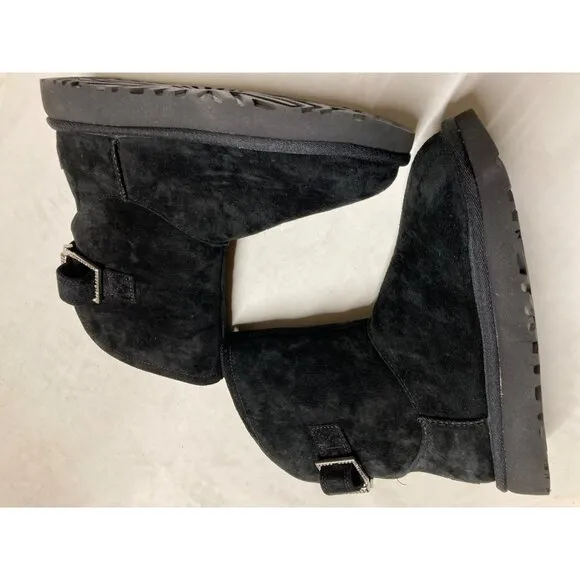 UGG Remora Buckle Crystal Bling Black Suede Fur Short Boots Size 5 US Women New
