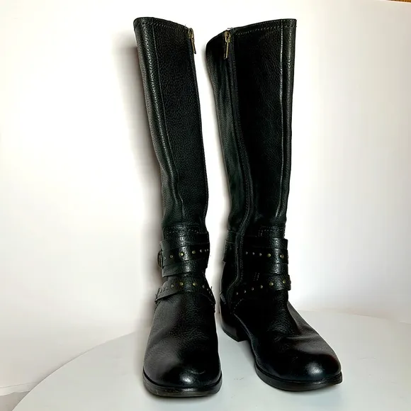UGG riding black leather harness ankle strap buckle esplanade style knee boot