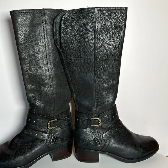 UGG riding black leather harness ankle strap buckle esplanade style knee boot