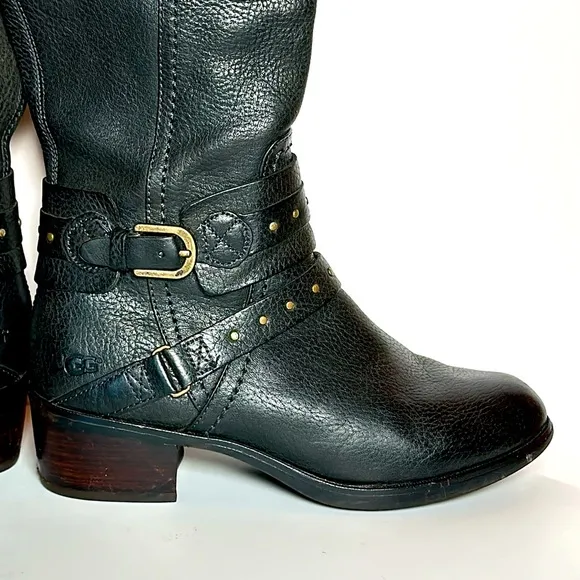UGG riding black leather harness ankle strap buckle esplanade style knee boot