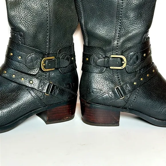 UGG riding black leather harness ankle strap buckle esplanade style knee boot