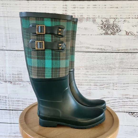 UGG Sabine pine green plaid rain tall boots size 7