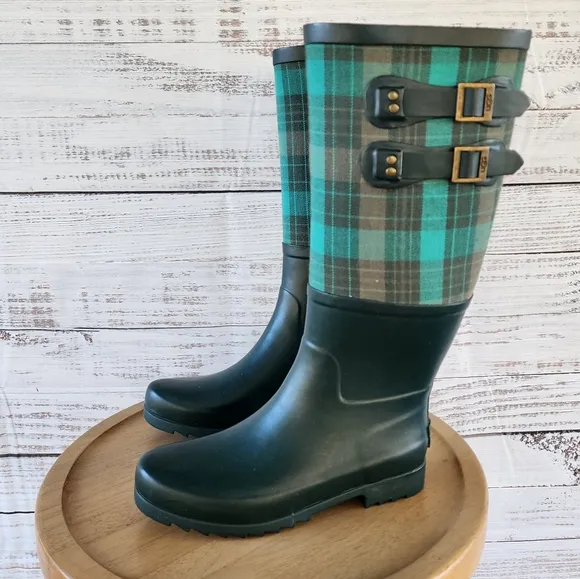 UGG Sabine pine green plaid rain tall boots size 7