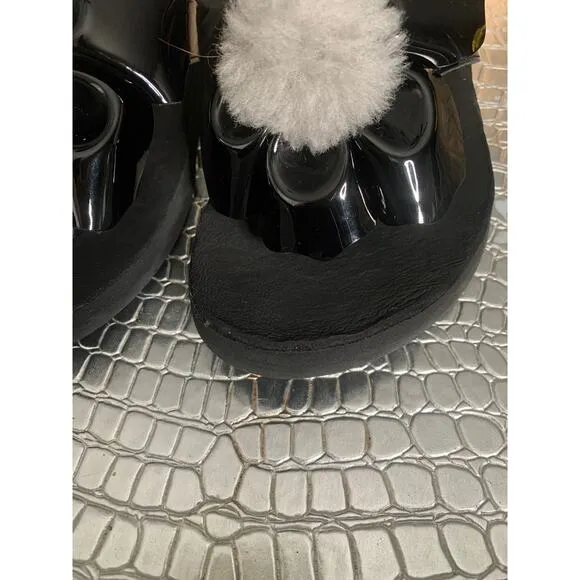 UGG Sandals Black Patent Poppy Fur Logo Pom Pom Flower Flip Flop Size 8