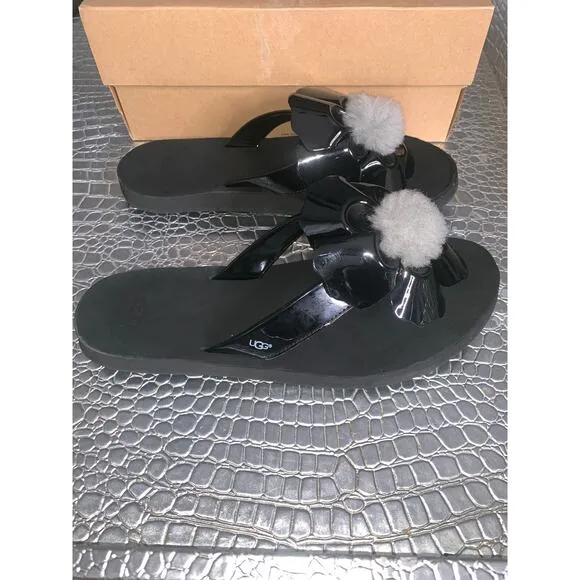 UGG Sandals Black Patent Poppy Fur Logo Pom Pom Flower Flip Flop Size 8