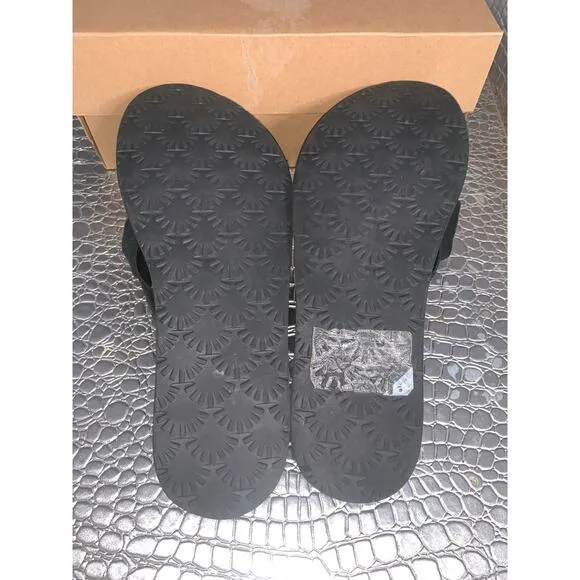 UGG Sandals Black Patent Poppy Fur Logo Pom Pom Flower Flip Flop Size 8