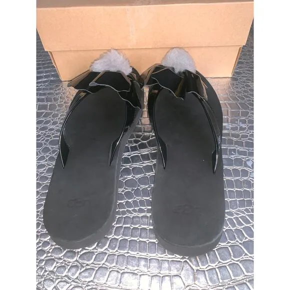 UGG Sandals Black Patent Poppy Fur Logo Pom Pom Flower Flip Flop Size 8