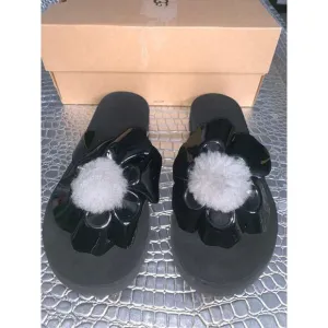 UGG Sandals Black Patent Poppy Fur Logo Pom Pom Flower Flip Flop Size 8