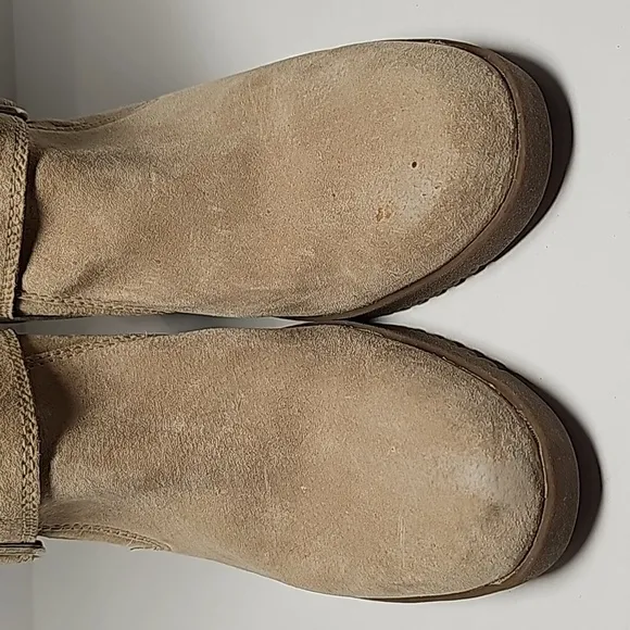 UGG Seline Boots Knee High Tall Wedge Suede Sheepskin Shearling Sand Rear Zip 9