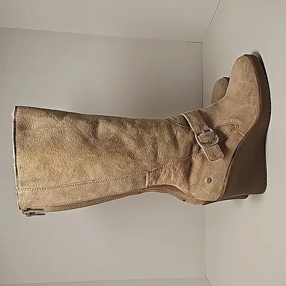 UGG Seline Boots Knee High Tall Wedge Suede Sheepskin Shearling Sand Rear Zip 9