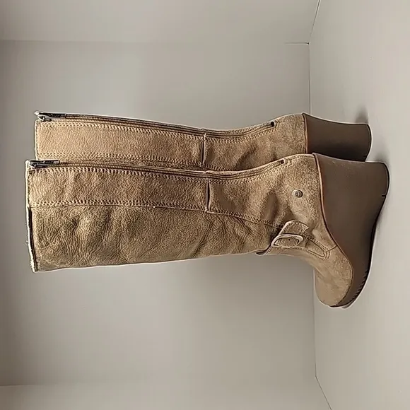 UGG Seline Boots Knee High Tall Wedge Suede Sheepskin Shearling Sand Rear Zip 9