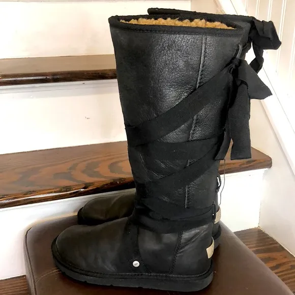 UGG Tall Black Suede Wrapped Bow Boots Sz 7