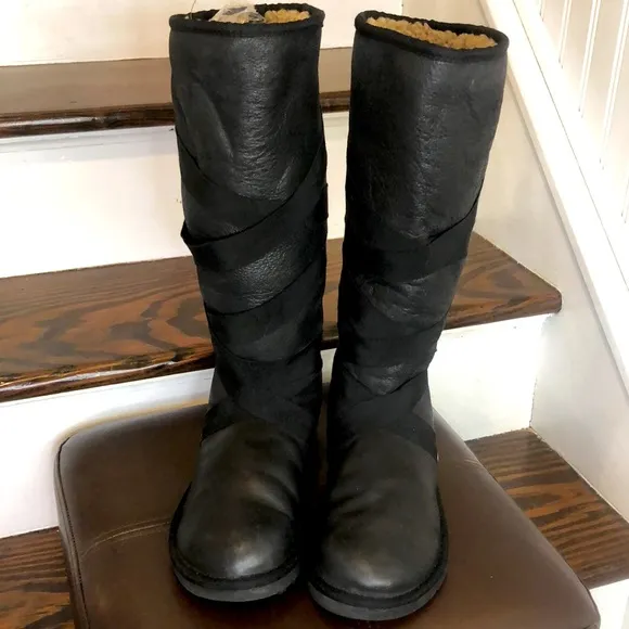 UGG Tall Black Suede Wrapped Bow Boots Sz 7