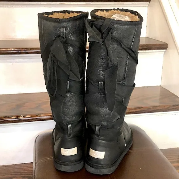UGG Tall Black Suede Wrapped Bow Boots Sz 7