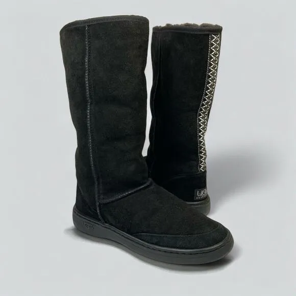 UGG Ultra Tall Winter Boots Women’s Size M8-L9 Black Sheepskin Pure Wool Braided