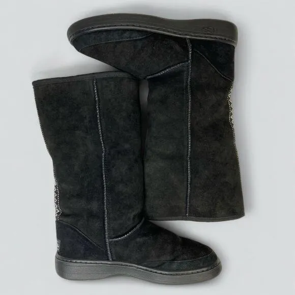 UGG Ultra Tall Winter Boots Women’s Size M8-L9 Black Sheepskin Pure Wool Braided