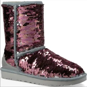 UGG Women Classic Short Sequin Sparkle Boots Silver Pink Reversible Size 6 7 8 9