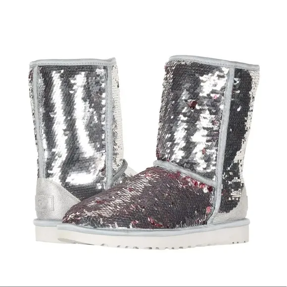 UGG Women Classic Short Sequin Sparkle Boots Silver Pink Reversible Size 8