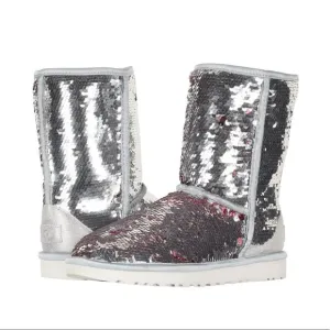 UGG Women Classic Short Sequin Sparkle Boots Silver Pink Reversible Size 8