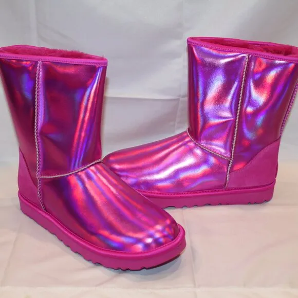 UGG WOMEN'S IRIDESCENT CLASSIC SHORT METALLIC PINK BOOTS SZ 10‎