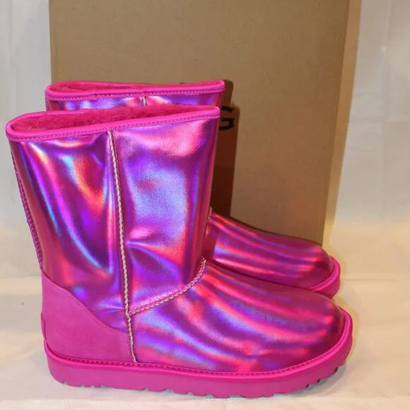 UGG WOMEN'S IRIDESCENT CLASSIC SHORT METALLIC PINK BOOTS SZ 10‎