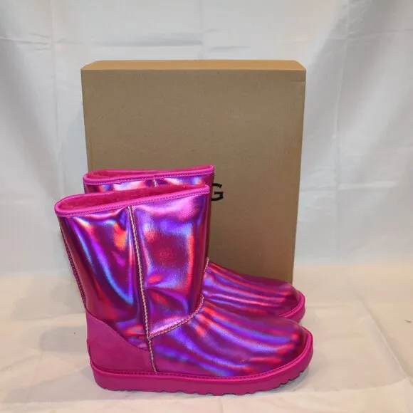UGG WOMEN'S IRIDESCENT CLASSIC SHORT METALLIC PINK BOOTS SZ 10‎