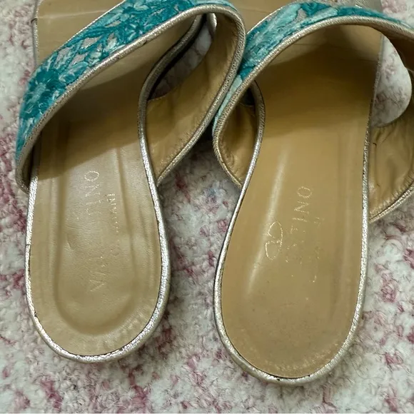 Valentino Embroiderer Floral Metallic Flip Flop Sandals