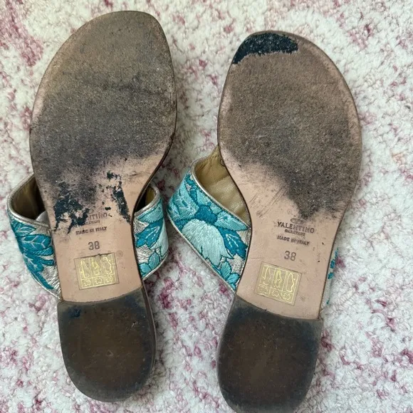 Valentino Embroiderer Floral Metallic Flip Flop Sandals